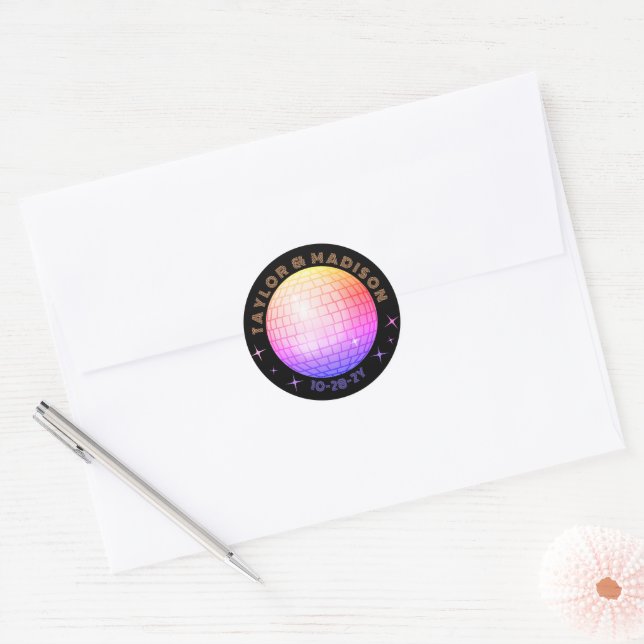 Disco Ball Names Wedding Date Orange Blue Magenta Classic Round Sticker (Envelope)