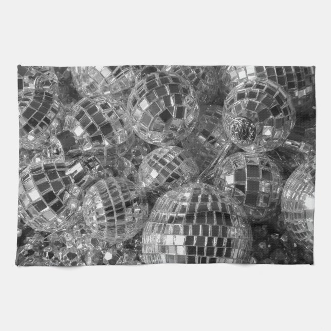 Disco Ball Ornaments Glam Black and White Photo Tea Towel (Horizontal)