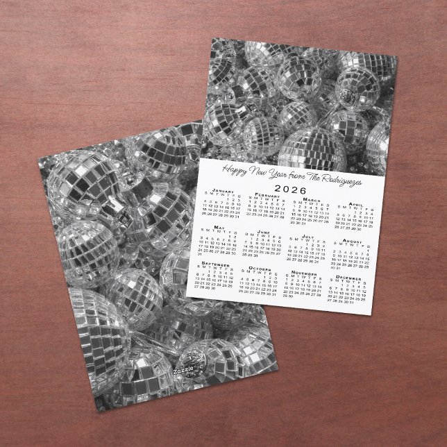 Disco Ball Ornaments Photo 2026 Calendar New Year Holiday Card (Disco Ball Ornaments Photo 2026 Calendar New Year Holiday Card, front/back)