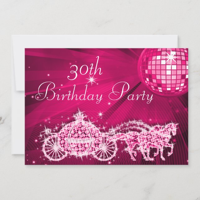 Disco Ball, Princess Coach & Horses 30th Birthday Invitation (Front)