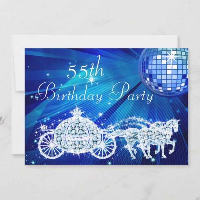 Disco Ball, Princess Coach & Horses 55th Birthday Invitation (Front)