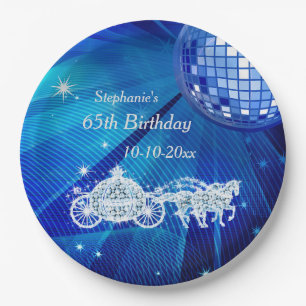 Disco Ball, Princess Coach & Horses 65th Birthday Paper Plate