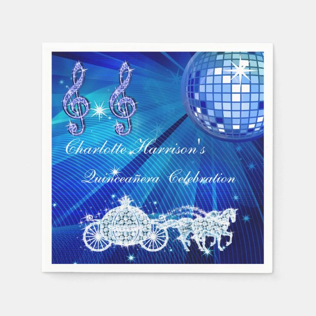 Disco Ball, Princess Coach & Horses Quinceañera Napkin (Front)