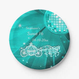 Disco Ball, Princess Coach & Horses Sweet 16 Paper Plate
