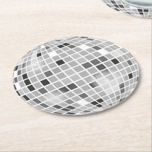 Disco Ball Retro 70s Silver Black Round Paper Coaster