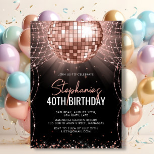 Disco Ball Rose Gold Black 40th Birthday Party Invitation