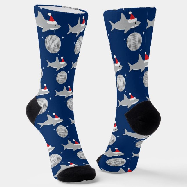 Disco Ball Shark Santa Hat Christmas Socks (Angled)