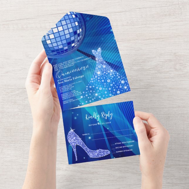Disco Ball, Stiletto & Ball Gown Blue Quinceañera All In One Invitation (Tearaway)