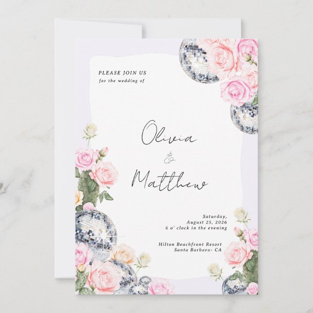 Disco Ball Wedding Invitation Floral Lavender (Front)