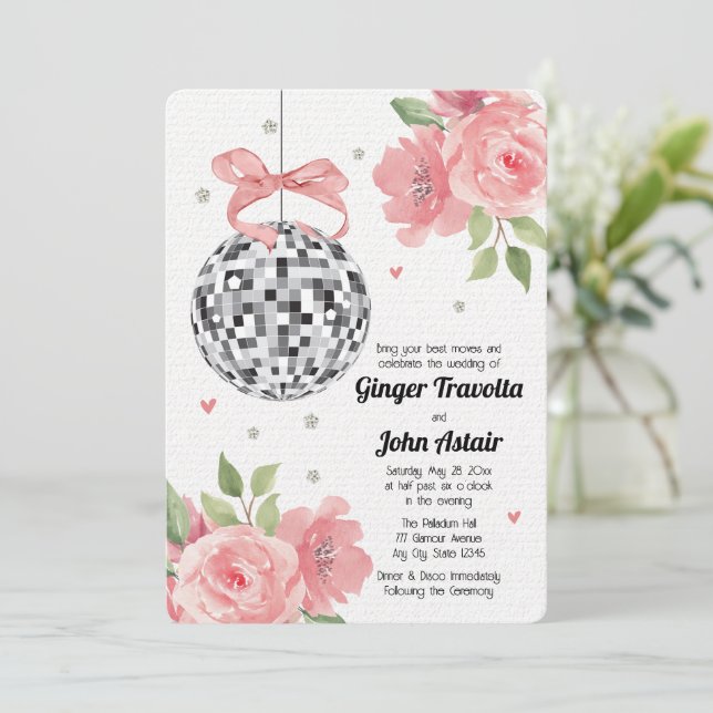 Disco Ball Wedding Invitations Pink Floral (Standing Front)