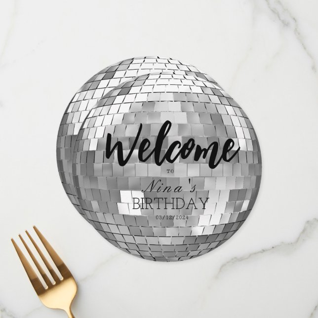 Disco Ball Welcome to my Birthday Party Table Card (Front/Back In Situ)