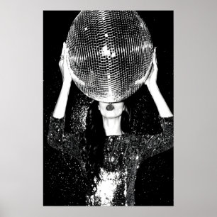 Disco Ball Woman Poster, Black and White Retro Poster