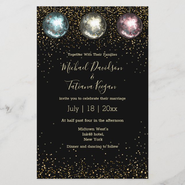  disco balls black gold chic wedding invitation flyer (Front)