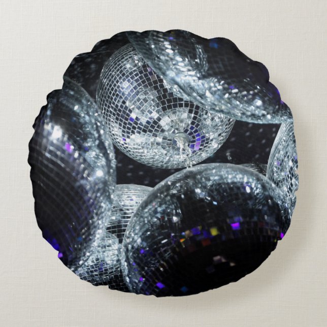 Disco Balls: Dark Party Atmosphere Round Cushion (Front)