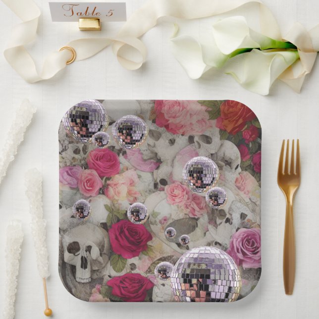 Disco Balls Skulls and Roses Paper Plate (Wedding)