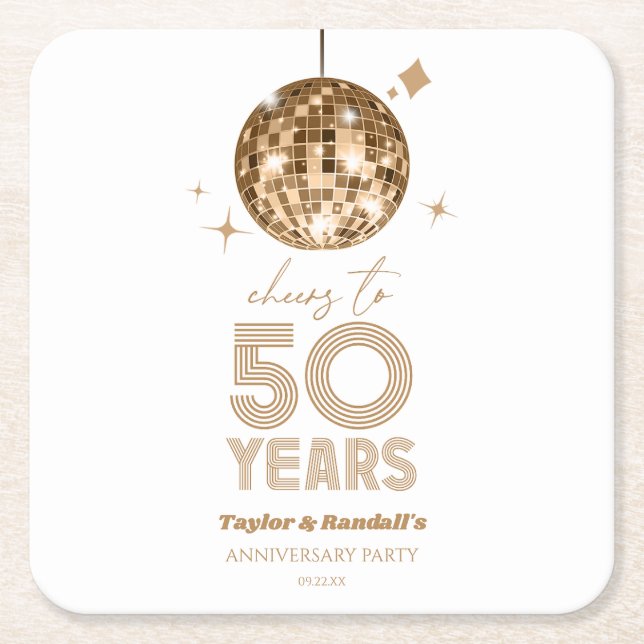 Disco Cheers 50 Years Wedding Anniversary Party Square Paper Coaster (Front)