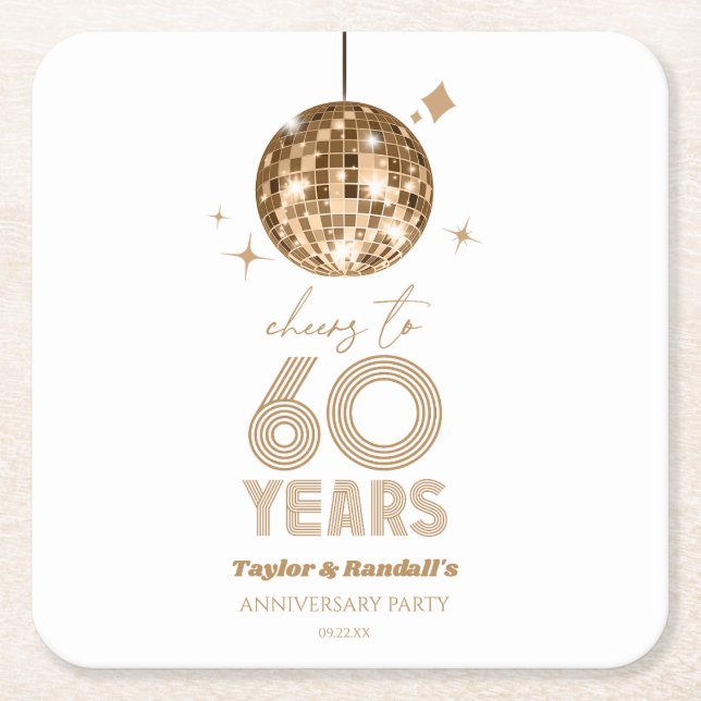 Disco Cheers 60 Years Wedding Anniversary Party Square Paper Coaster (Front)