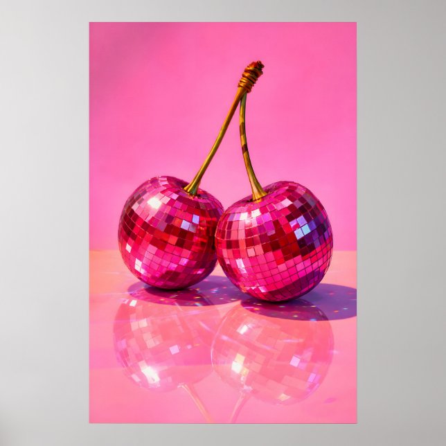 Disco Cherry Poster, Y2K Mirror Ball Fruit Print (Front)
