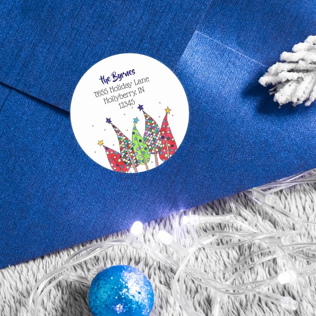 Disco Christmas Trees Return Address Classic Round Sticker (Creator Uploaded)
