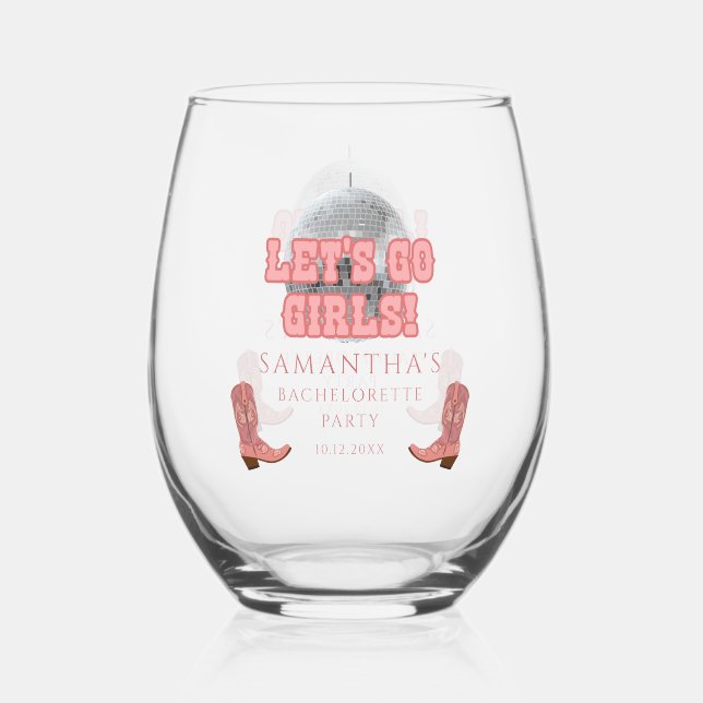 Disco Cowgirl Bachelorette Party Girls Weekend Stemless Wine Glass (Front)