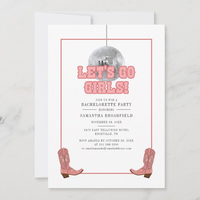 Disco Cowgirl Lets Go Girls Bachelorette Party Invitation (Front)