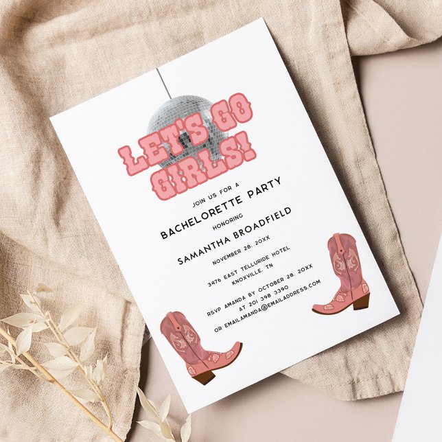 Disco Cowgirl Lets Go Girls Bachelorette Party Invitation (Disco Cowgirl Retro 70s Bachelorette Party Invitation)