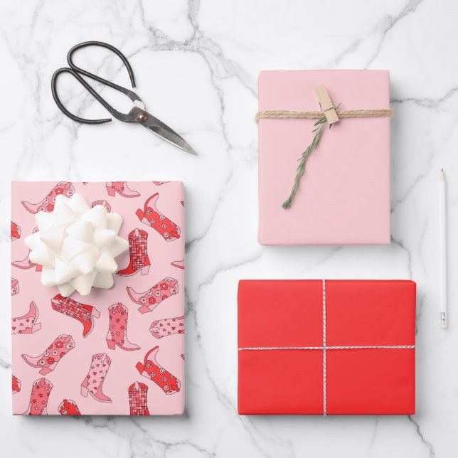 Disco Cowgirl Retro Pink & Red Wrapping Paper Set (Front)