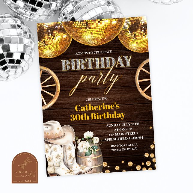 Disco Cowgirl Western Adult Bling Birthday Inv Invitation (Creator Uploaded)