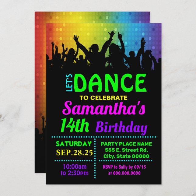 Disco dance birthday party bash invitation (Front/Back)