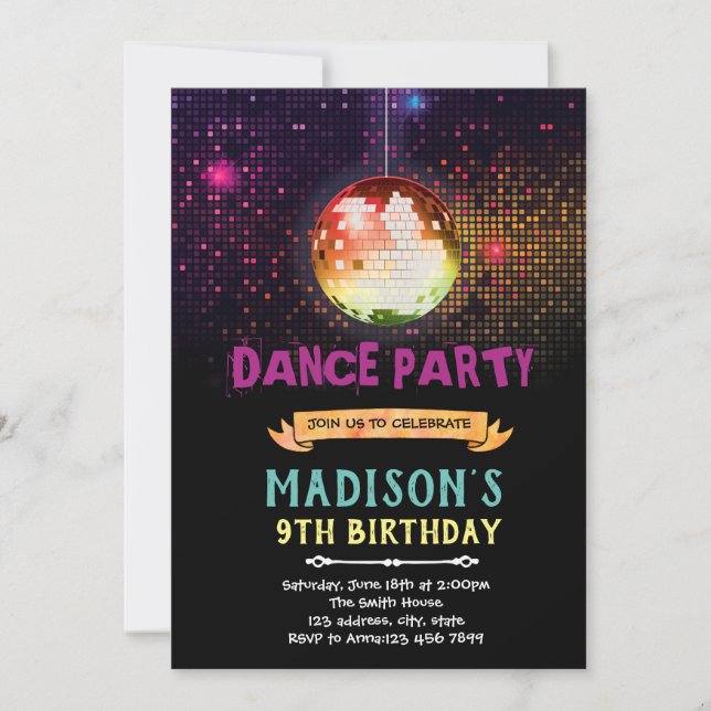 Disco dance birthday party invitation (Front)