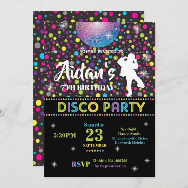 Disco Dance Birthday Party Invitation Boy (Front/Back)