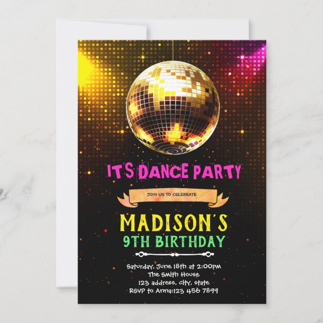 Disco dance party birthday invitation (Front)
