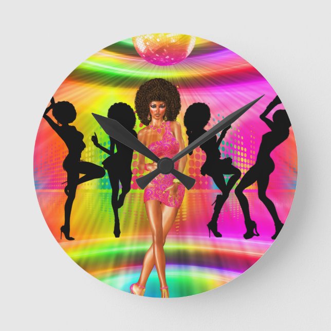 Disco dance scene with silhouettes, retro. round clock (Front)
