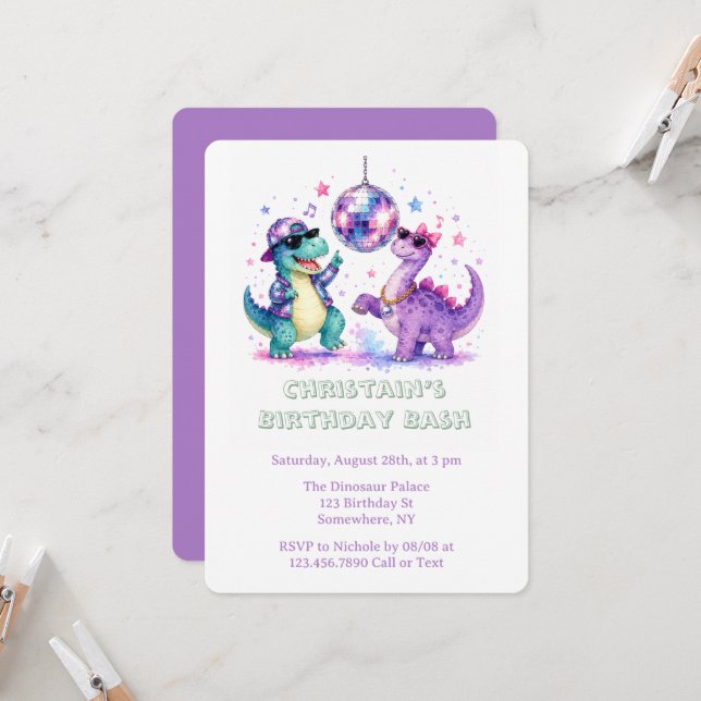 Disco Dinosaur Watercolor Birthday Bash  Invitation (Front/Back In Situ)