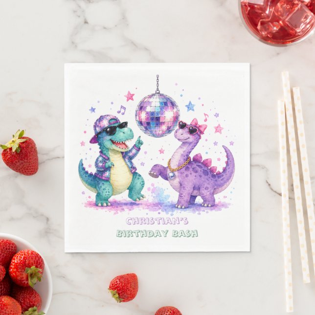 Disco Dinosaur Watercolor Birthday Bash Napkin (Insitu)