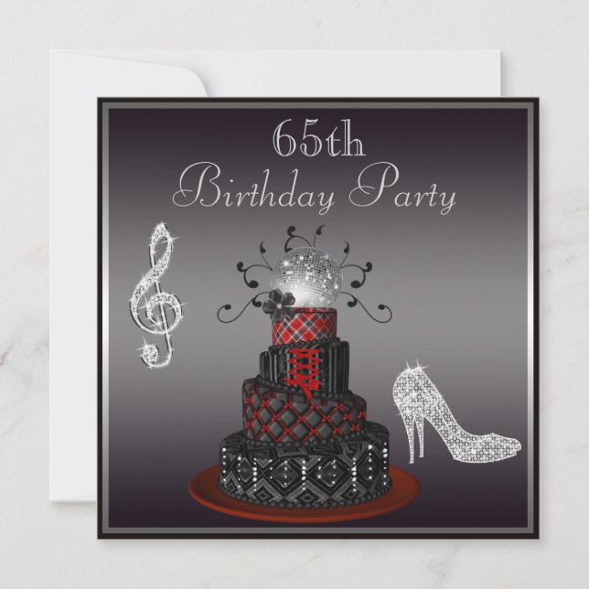 Disco Diva Cake, Silver Heels 65th Birthday Invitation (Front)