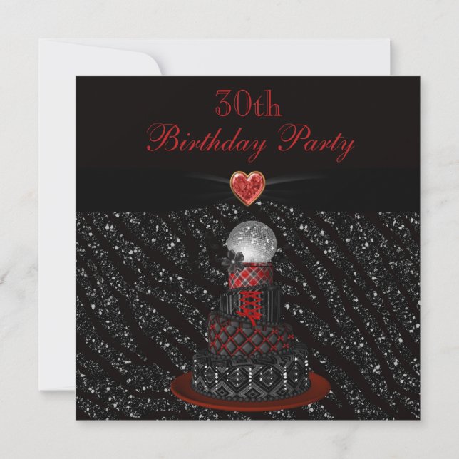 Disco Diva Cake Zebra Glitter Print 30th Birthday Invitation (Front)