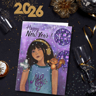 Disco Diva Whimsical Music Girls Happy New Year  Holiday Card
