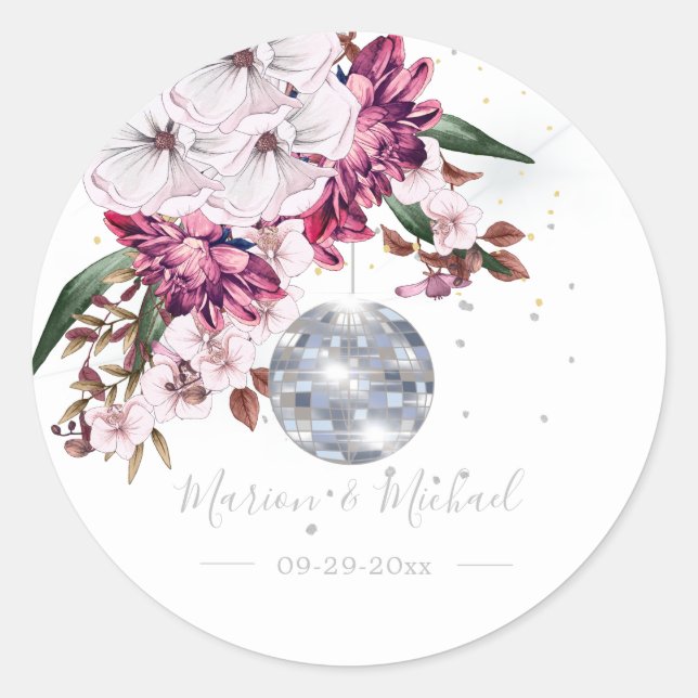 Disco Elegant Floral  Wedding  Classic   Round Sticker (Front)