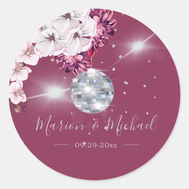 Disco Elegant Floral  Wedding  Classic  Round Sticker (Front)