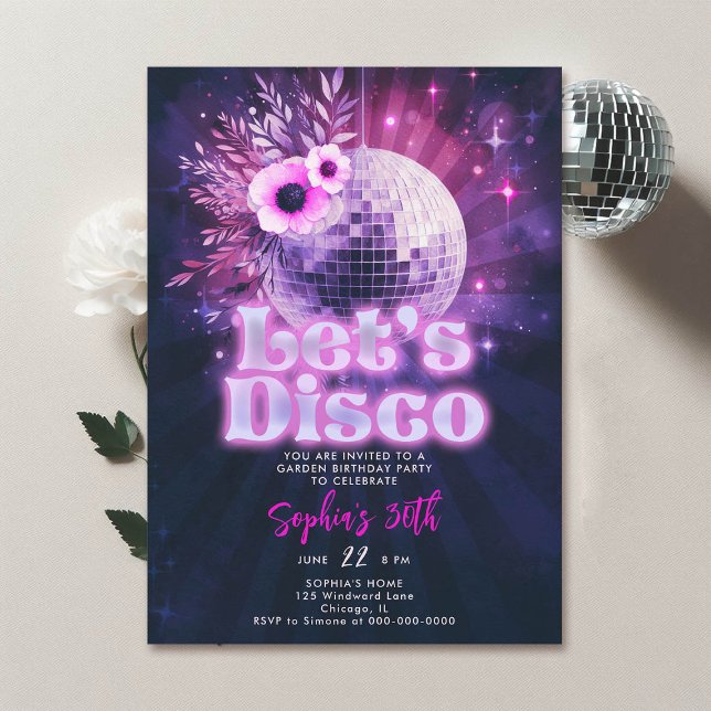 Disco Garden Party 70s Hot Pink Chic 30th Birthday Invitation (disco garden party 30th birthday invitation groovy 70s floral disco ball hot pink purple navy)