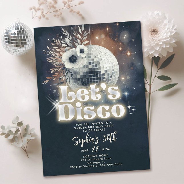 Disco Garden Party 70s Retro Black 30th Birthday Invitation (disco garden party 30th birthday invitation groovy 70s ball floral black orange yellow)