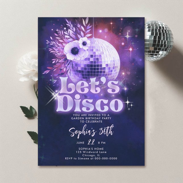 Disco Garden Party 70s Retro Purple 30th Birthday Invitation (disco garden party 30th birthday invitation groovy 70s ball floral purple pink lavender)