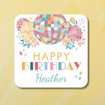 Disco Garden Party 70's Theme Birthday Square Paper Coaster<br><div class="desc">For your upcoming adult birthday party with a disco theme, our "Disco Garden Party" coaster adds a touch of retro flair. Inspired by the vibrant energy of the 70s, this coaster features a cute disco ball surrounded by pretty floral elements, creating a unique disco garden vibe. Customise it with the...</div>