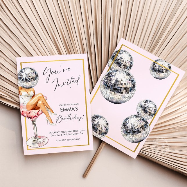 Disco Girl in Cocktail Glass Birthday Invite (Disco Girl in Cocktail Glass Birthday Invite)