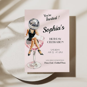 Disco Girl In Martini Glass Birthday Invite