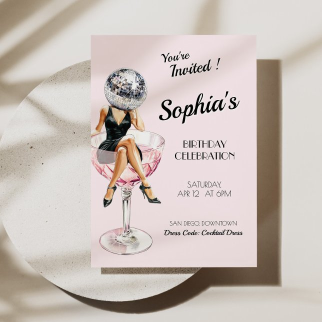 Disco Girl In Martini Glass Birthday Invite (Disco Girl In Martini Glass Birthday Invite)