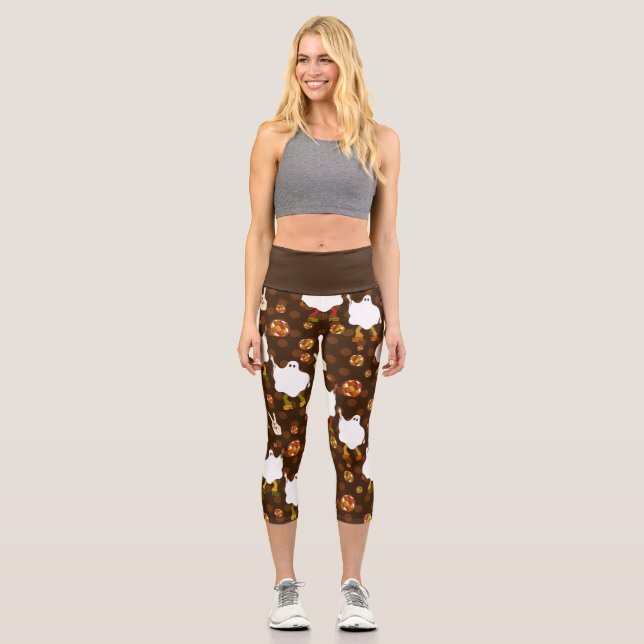 disco halloween african ghost brown capri leggings (Front)