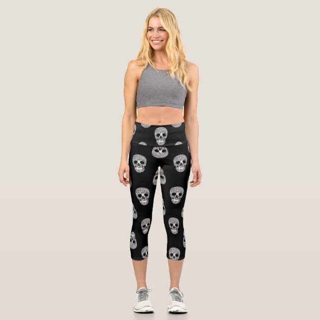 disco halloween mirror ball skull  capri leggings (Front)