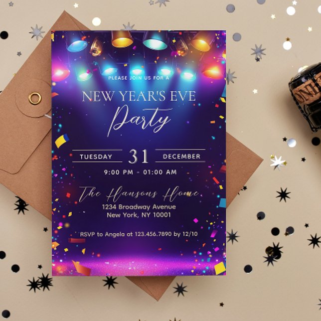 Disco Lights Colourful Blue New Year's Eve Party Invitation (Creator Uploaded)